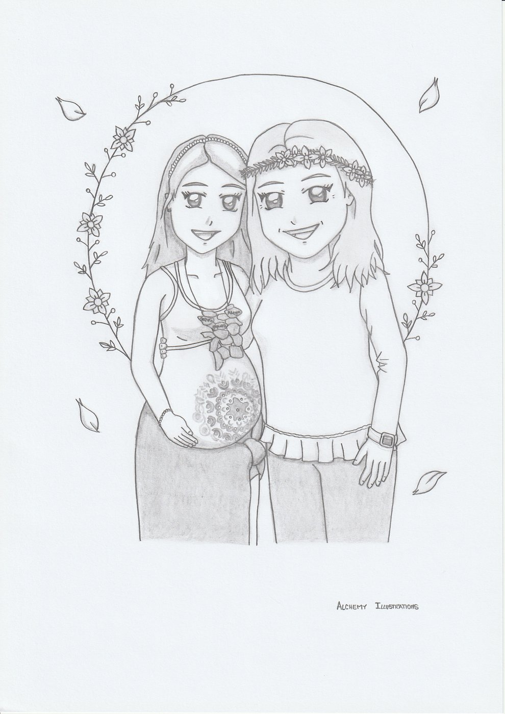 Couple portrait framed by a botanical wreath