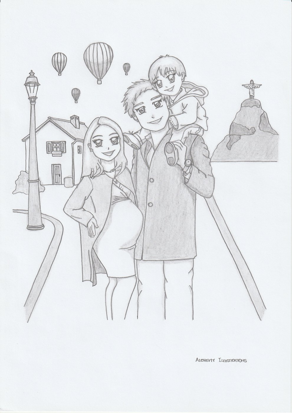 Family portrait set in an illustrated hometown scene