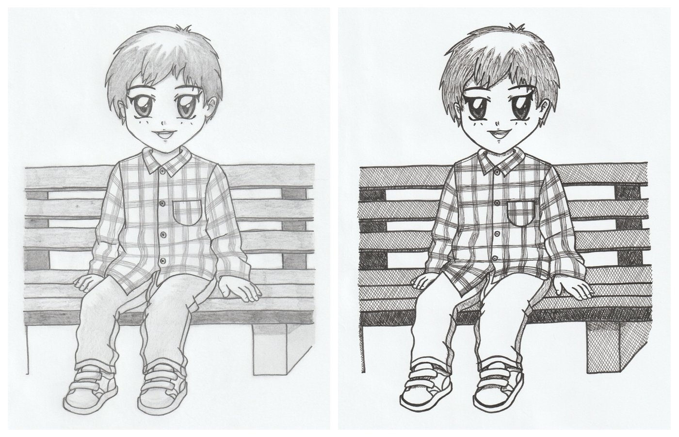 The same portrait shown in pencil and in ink